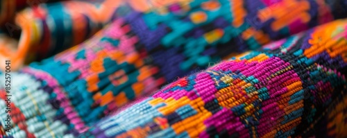 Close-up of a colorful traditional fabric pattern from a specific culture photo