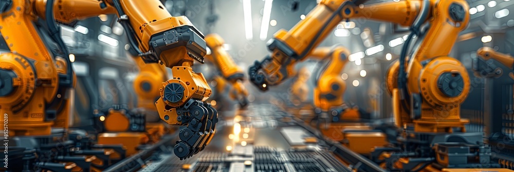 Industrial robotic arms in action featured in a panoramic banner emphasizing tech and automation Industrial robotic arms in action featured in a panoramic banner emphasizing tech and automation