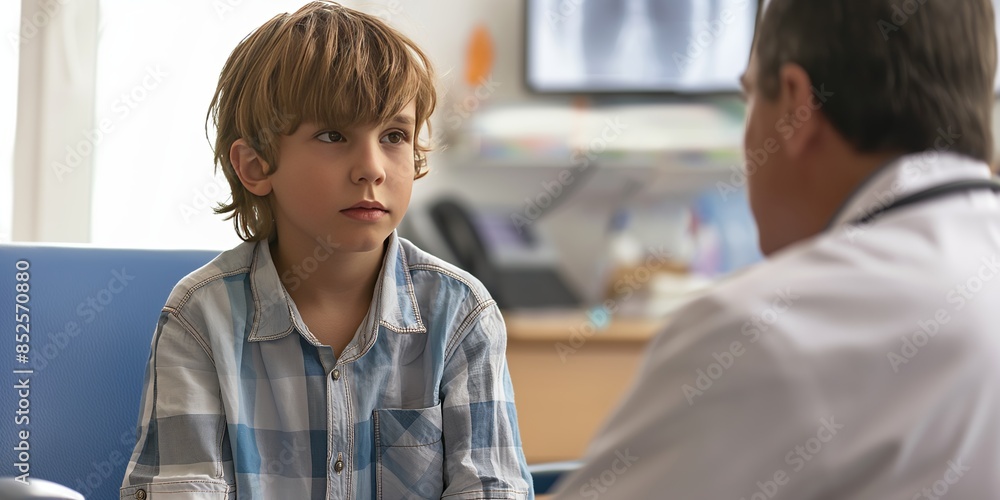 A young boy in a checkered shirt attentively listens to a doctor, depicting a healthcare setting A young boy in a checkered shirt attentively listens to a doctor, depicting a healthcare setting