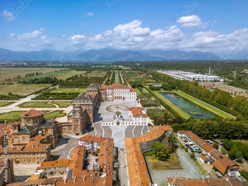 The drone aerial view of The Palace of Venaria (Italian: Reggia di Venaria Reale) , is a former royal residence and gardens located in Venaria Reale,  in the Piedmont region in Italy.