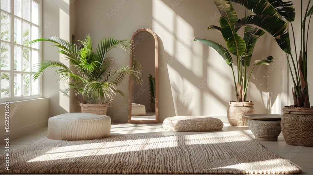 Stylish room with ikebana and mirror decorations Stylish room with ikebana and mirror decorations
