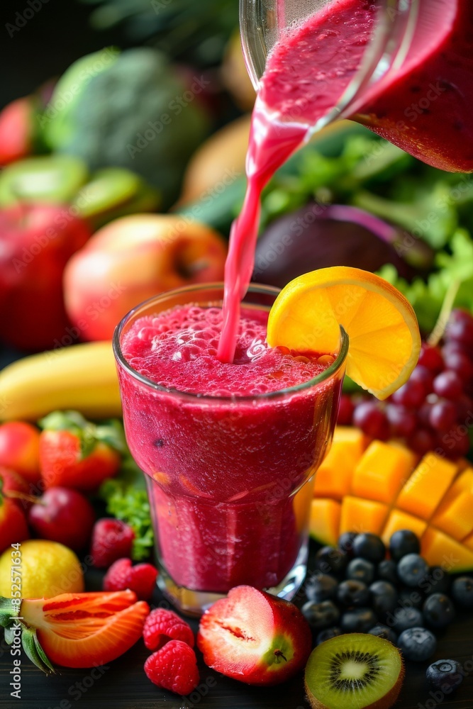 Close-up of a fresh fruit smoothie being poured into a glass, with colorful fruits and vegetables in the background, emphasizing healthy eating and nutrition Copy space Close-up of a fresh fruit smoothie being poured into a glass, with colorful fruits and vegetables in the background, emphasizing healthy eating and nutrition Copy space