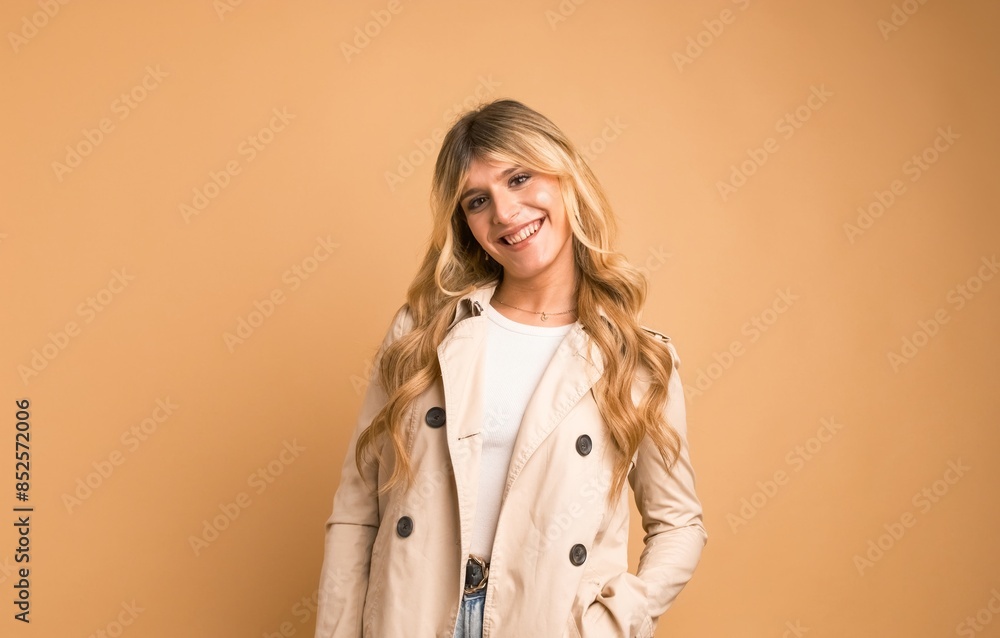 Happy transgender woman in trench coat standing against beige background Happy transgender woman in trench coat standing against beige background
