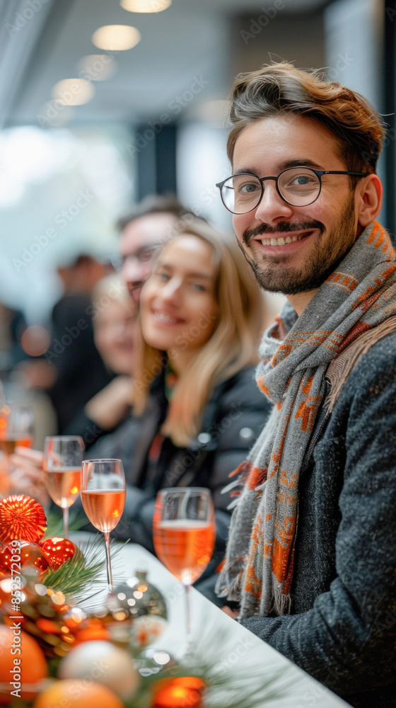 A group of people is gathered around a table, each with a glass of wine in hand A group of people is gathered around a table, each with a glass of wine in hand