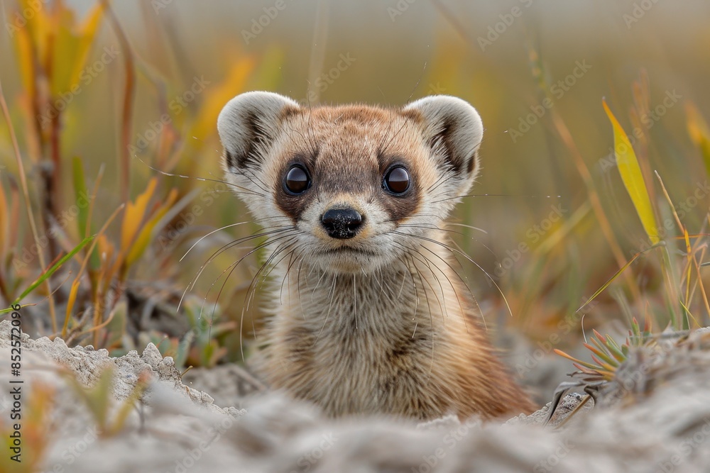 Fototapeta premium A black-footed ferret peeking out from its burrow in a grassy prairie, its slender body and masked face alert and watchful. 