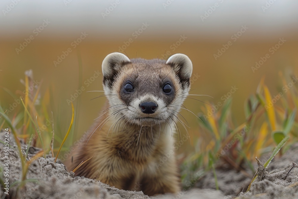 Fototapeta premium A black-footed ferret peeking out from its burrow in a grassy prairie, its slender body and masked face alert and watchful. 