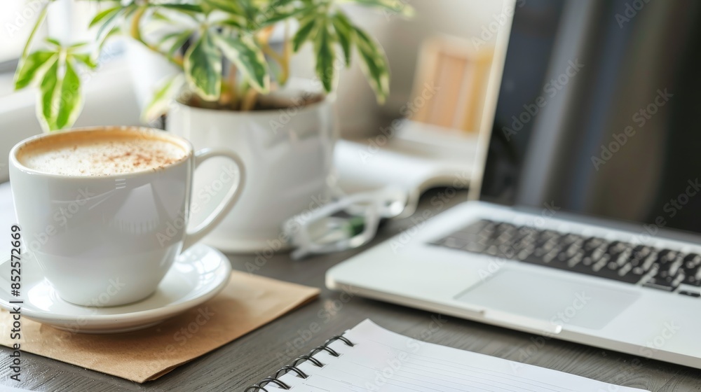 Close-up of a laptop on a tidy desk with a cup of coffee and a notepad, highlighting a productive home office setup, perfect for themes of remote work and organization Close-up of a laptop on a tidy desk with a cup of coffee and a notepad, highlighting a productive home office setup, perfect for themes of remote work and organization
