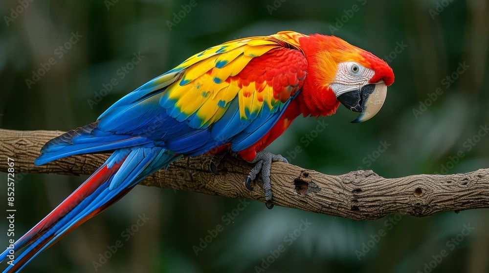 Fototapeta premium Colorful Parrot: A close-up of a brightly colored parrot perched on a branch, showcasing its vibrant feathers and sharp beak.