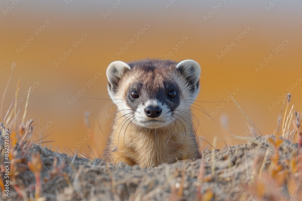 Fototapeta premium A black-footed ferret peeking out from its burrow in a grassy prairie, its slender body and masked face alert and watchful. 