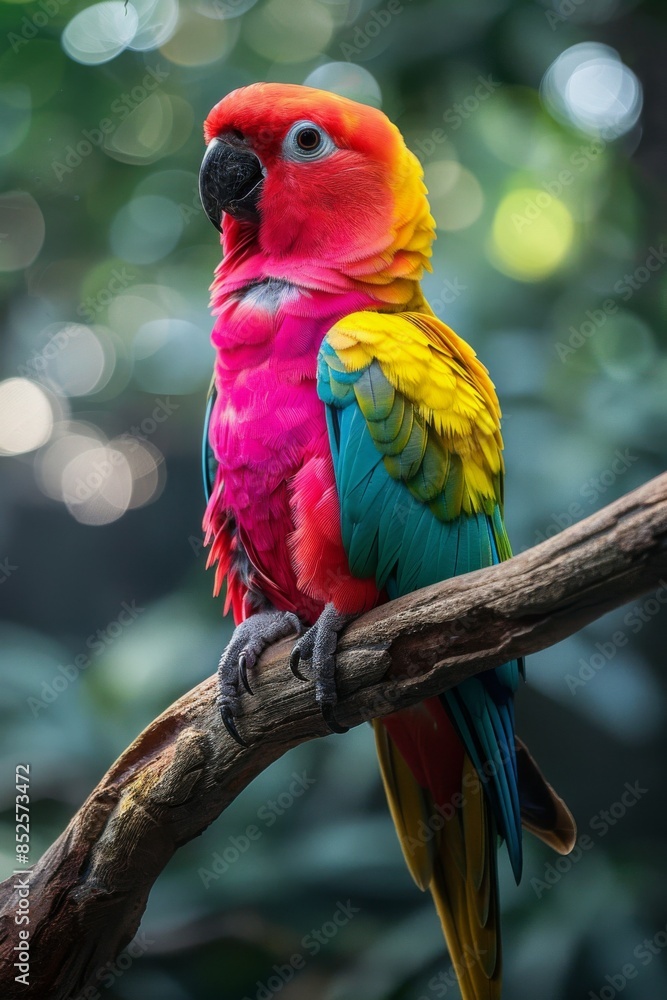 Obraz premium Colorful Parrot: A close-up of a brightly colored parrot perched on a branch, showcasing its vibrant feathers and sharp beak.