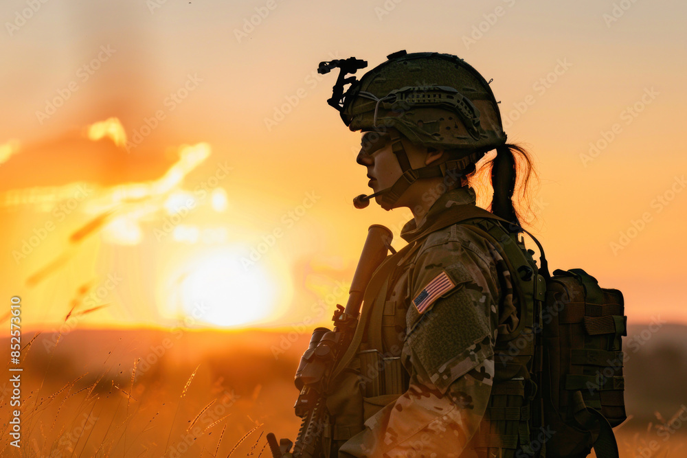 Female soldier in military uniform in a field at sunset, symbolizing strength and bravery Female soldier in military uniform in a field at sunset, symbolizing strength and bravery