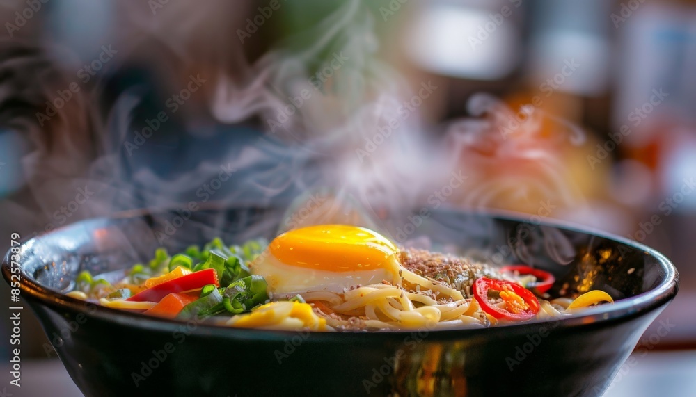 Close-up of a steaming bowl of ramen with colorful vegetables and a soft-boiled egg Close-up of a steaming bowl of ramen with colorful vegetables and a soft-boiled egg