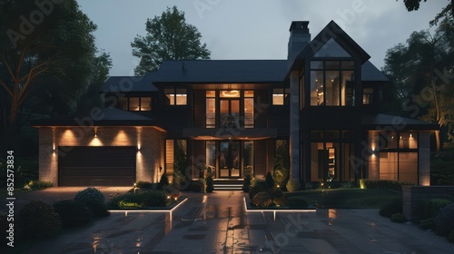 Photo of modern house with outdoor lighting, at night, external view