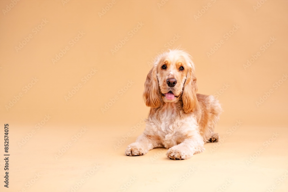 Adorable Cocker Spaniel dog sitting in brown studio Adorable Cocker Spaniel dog sitting in brown studio