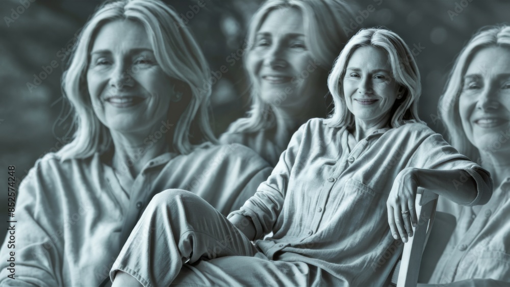 Fototapeta premium A woman sitting on a chair with her face in the middle of two pictures, AI