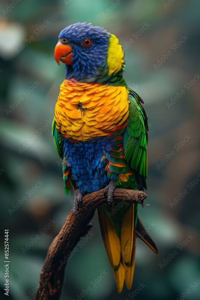 Colorful Parrot: A close-up of a brightly colored parrot perched on a branch, showcasing its vibrant feathers and sharp beak. Colorful Parrot: A close-up of a brightly colored parrot perched on a branch, showcasing its vibrant feathers and sharp beak.