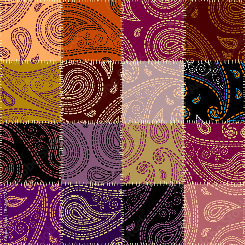 Ornamental embroidery paisley seamless pattern, texture effect. Textile patchwork pattern. Vector illustration