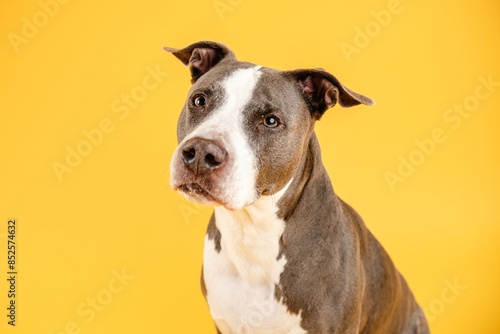 Cute Pitbull Blue dog looking away in yellow studio