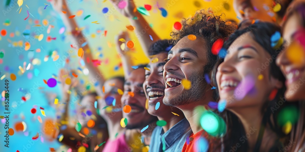 A vibrant and lively scene of a festive celebration with people, confetti, and festive decorations in bright colors A vibrant and lively scene of a festive celebration with people, confetti, and festive decorations in bright colors