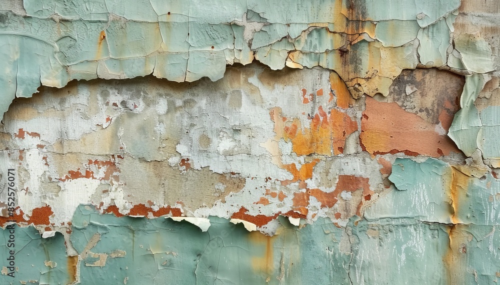 Close-up of peeling paint on an old wall, showcasing the texture and layers, suitable for themes of urban decay and abstract textures Close-up of peeling paint on an old wall, showcasing the texture and layers, suitable for themes of urban decay and abstract textures