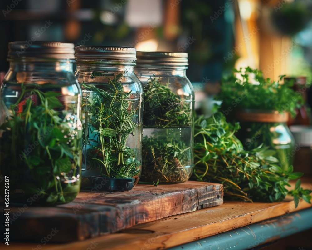 Close-up of repurposed glass jars filled with herbs, showcasing creative reuse and sustainable living, suitable for themes of circular economy and eco-conscious lifestyle Close-up of repurposed glass jars filled with herbs, showcasing creative reuse and sustainable living, suitable for themes of circular economy and eco-conscious lifestyle