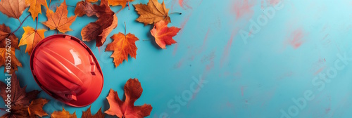Red construction helmet surrounded by autumn leaves on a blue background, symbolizing fall and safety. Concept for seasonal themes and Labor Day