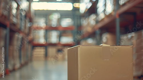 Close-up of a cardboard box with a blurred large stock of goods in the background