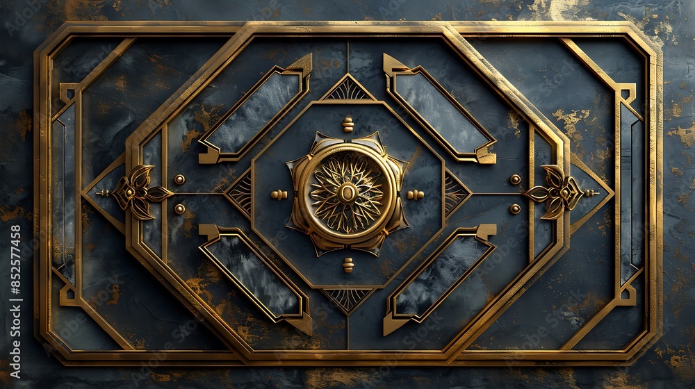 Fototapeta premium A sophisticated design featuring Art Deco style octagons with golden lines on a black velvet background. The opulent gold patterns are intricately detailed