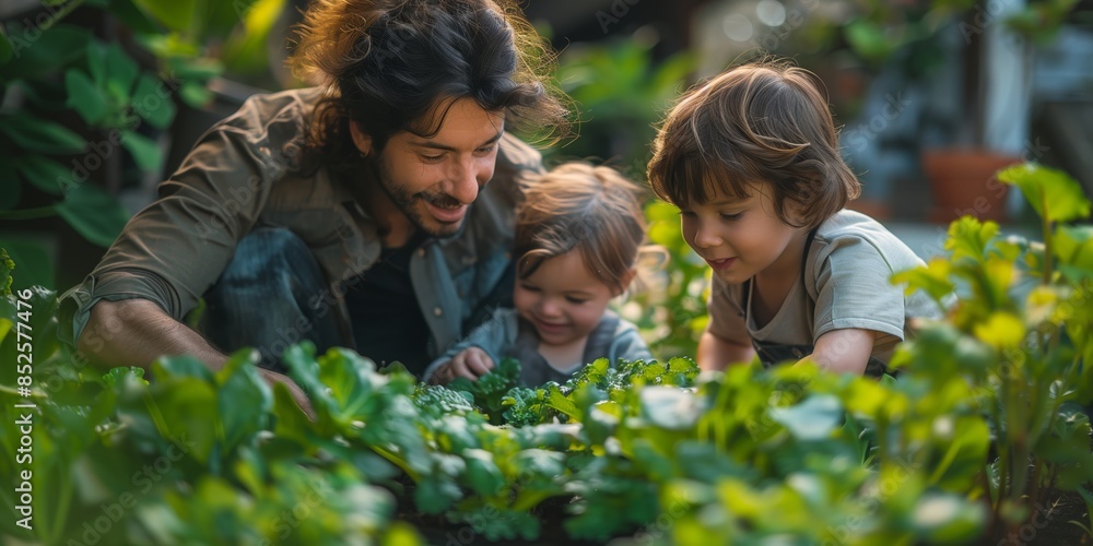 A father spends quality time with his two young children in a lush garden, exploring and enjoying the fresh outdoors.
A father spends quality time with his two young children in a lush garden, exploring and enjoying the fresh outdoors.