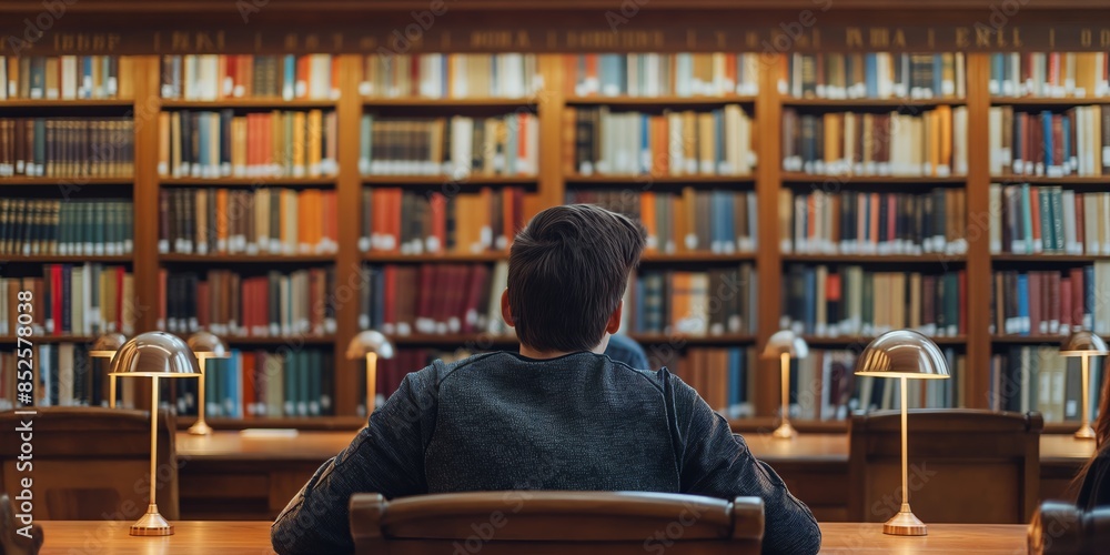 A solitary man reads in an impressive, well-stocked library, signaling a pursuit of knowledge A solitary man reads in an impressive, well-stocked library, signaling a pursuit of knowledge