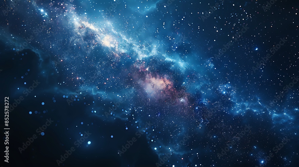 Fototapeta premium A tranquil night sky scene with stars sparkling over a dark gradient background. The gradient transitions from indigo to black, featuring sparkling stars that create a serene and magical atmosphere. 