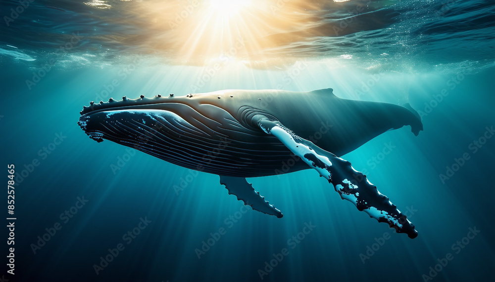 Naklejka premium A majestic humpback whale swimming gracefully underwater, with sunlight filtering through the water