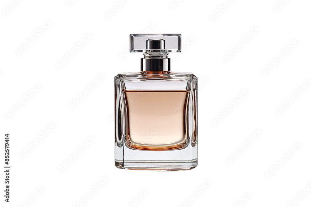 A Shimmering Glass Bottle of Perfume on a White Background on a Clear PNG or White Background. A Shimmering Glass Bottle of Perfume on a White Background on a Clear PNG or White Background.