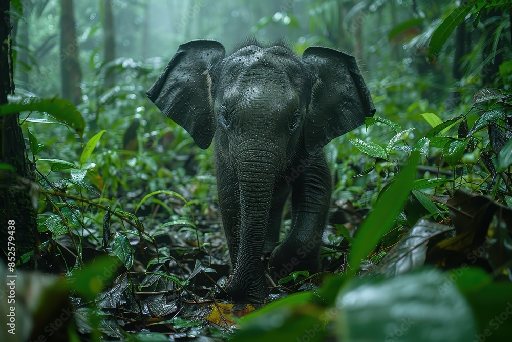 Fototapeta premium A Borneo pygmy elephant walking through a dense rainforest, its small stature and long trunk used to grasp branches.