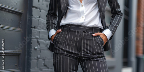 A person wearing a corp-core outfit with pinstriped pants, a crisp white shirt, and a fitted blazer