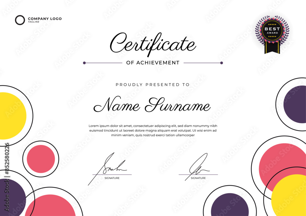 Fototapeta premium Colorful shapes horizontal certificate template design. Geometric flat modern background