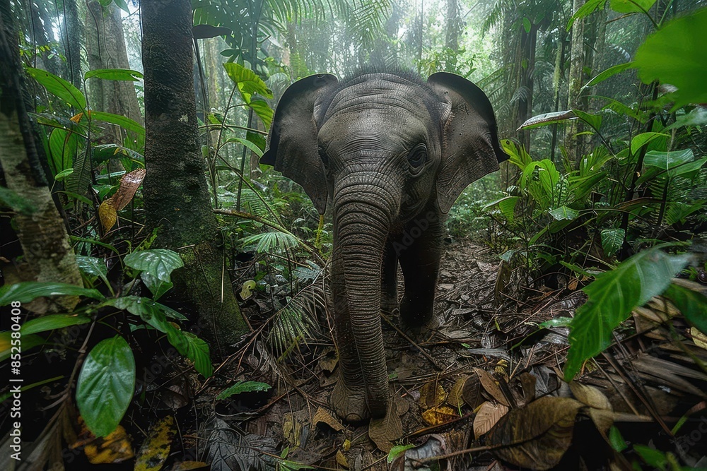 Fototapeta premium A Borneo pygmy elephant walking through a dense rainforest, its small stature and long trunk used to grasp branches.