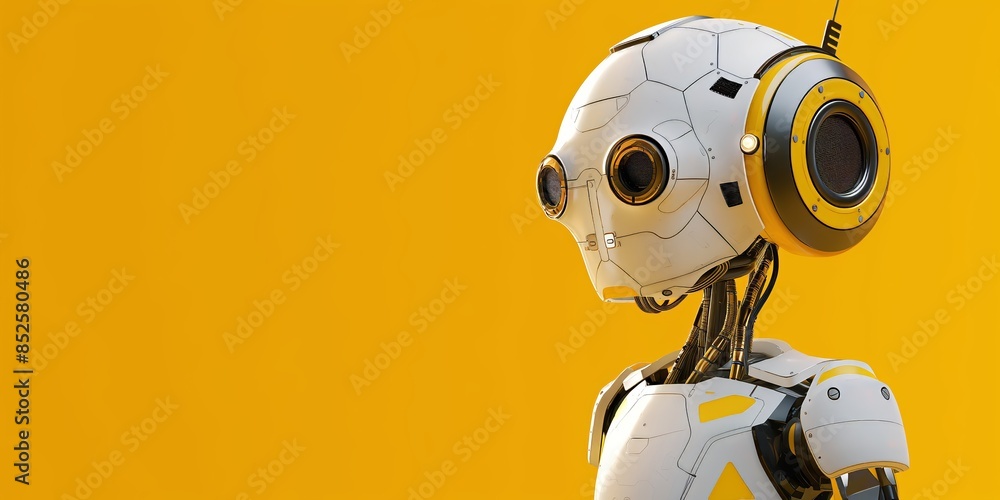 This image captures a close-up side view of a humanoid robot head with large headphones against a yellow background This image captures a close-up side view of a humanoid robot head with large headphones against a yellow background