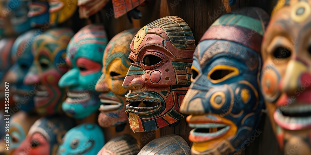 A collection of vibrant traditional masks displayed on a wooden wall with intricate designs A collection of vibrant traditional masks displayed on a wooden wall with intricate designs