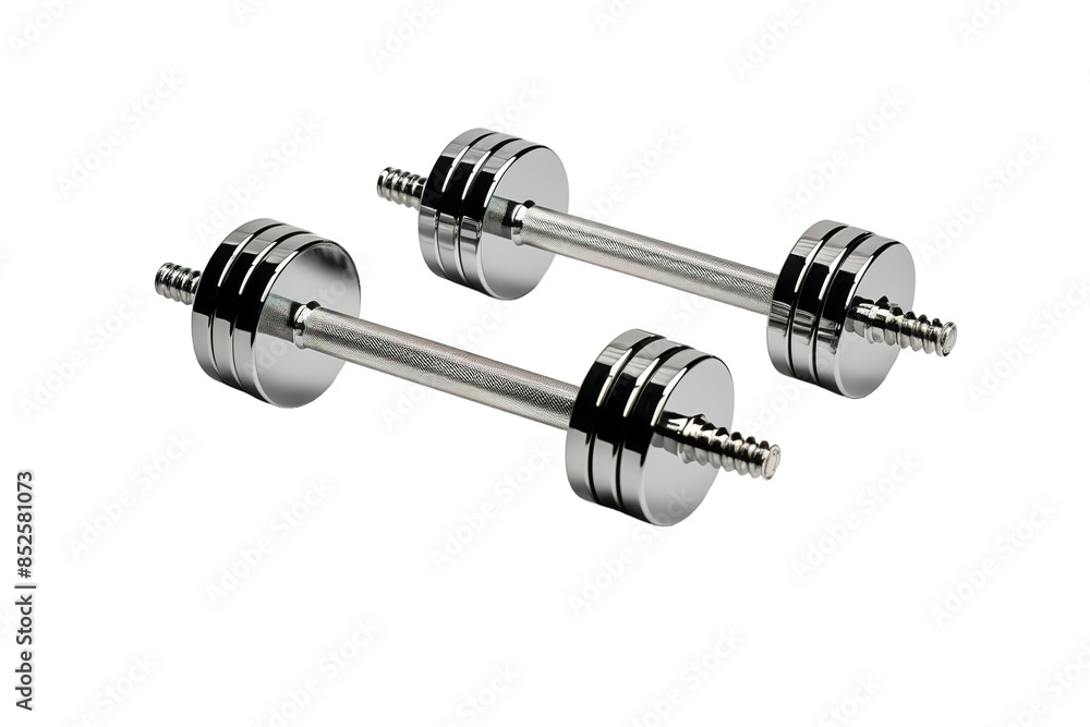 A Pair of Shiny Chrome Dumbbells Ready for a Strength Training Workout on a Clear PNG or White Background. A Pair of Shiny Chrome Dumbbells Ready for a Strength Training Workout on a Clear PNG or White Background.