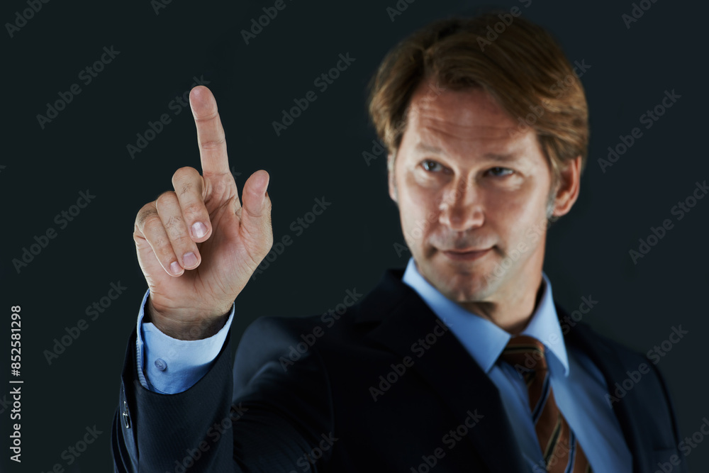 Press, businessman and hand for presentation, display and button isolated on dark studio background. Male person, corporate worker and banker with but click on interface, connection and screen Press, businessman and hand for presentation, display and button isolated on dark studio background. Male person, corporate worker and banker with but click on interface, connection and screen