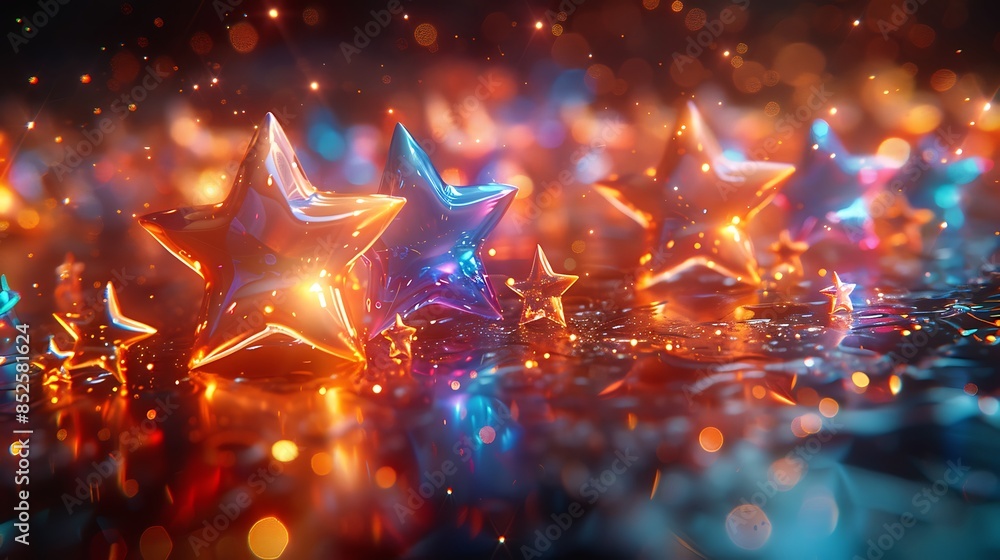 An abstract depiction of holographic stars on a reflective surface, creating a futuristic look. The stars feature changing iridescent colors, mirrored by the surface for a captivating visual effect. An abstract depiction of holographic stars on a reflective surface, creating a futuristic look. The stars feature changing iridescent colors, mirrored by the surface for a captivating visual effect.