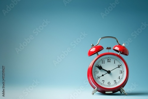 Alarm Clock. Retro Red Twin Bell Alarm Clock with White Face on Light Blue Background photo