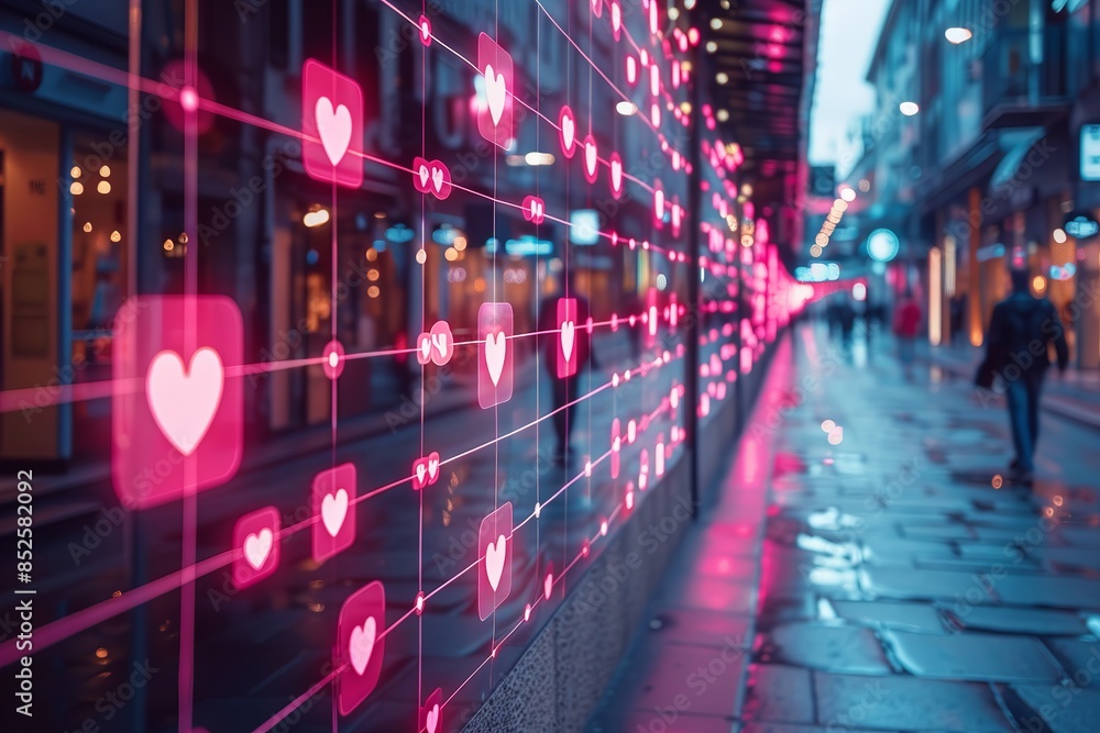 A city street at night with a digital grid of heart icons illuminated along the side A city street at night with a digital grid of heart icons illuminated along the side