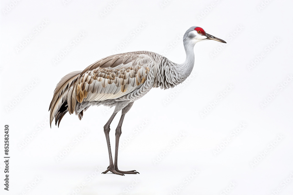 Obraz premium Sandhill crane with gray plumage and red crown, standing tall on white background.