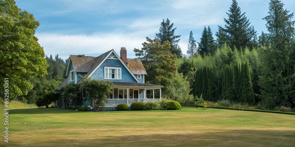 Elegant home surrounded by landscaped garden and forest under a clear sky Elegant home surrounded by landscaped garden and forest under a clear sky