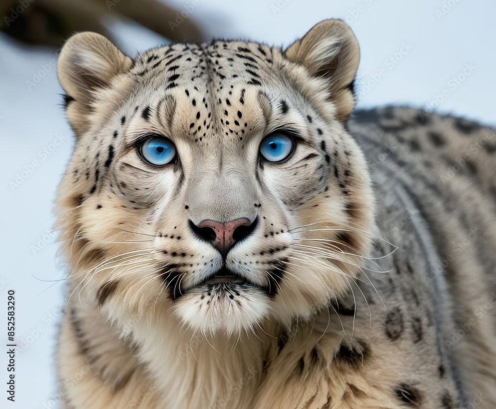 Obraz premium An enchanting portrait of a snow leopard with piercing blue eyes set against a snowy backdrop. This close-up highlights the leopard's intense gaze and beautiful fur, ideal for wildlife, nature, and