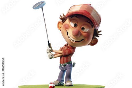 Cheerful cartoon golfer in a red plaid shirt and cap, holding a golf club with a big smile, standing on a green field ready to play.