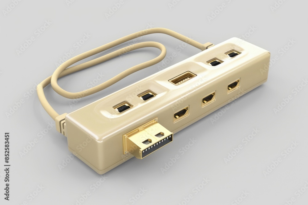 A close-up view of a computer power strip with multiple outlets and a cable management system A close-up view of a computer power strip with multiple outlets and a cable management system