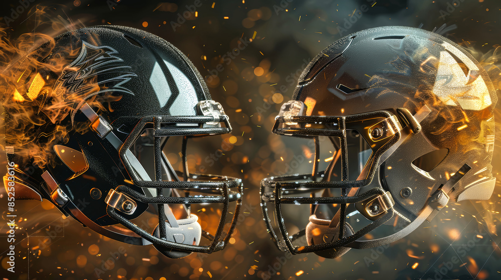 Fototapeta premium Two black football helmets, engulfed in flames, face off against each other in a dramatic showdown